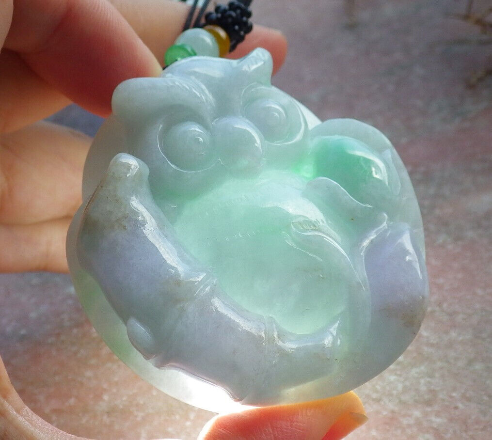 Certified Green Pale Lavender Burma 100% Natural A Jade jadeite Pendant Owl Lotus Flower Necklace 猫头鹰 632920  TN