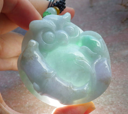 Certified Green Pale Lavender Burma 100% Natural A Jade jadeite Pendant Owl Lotus Flower Necklace 猫头鹰 632920  TN