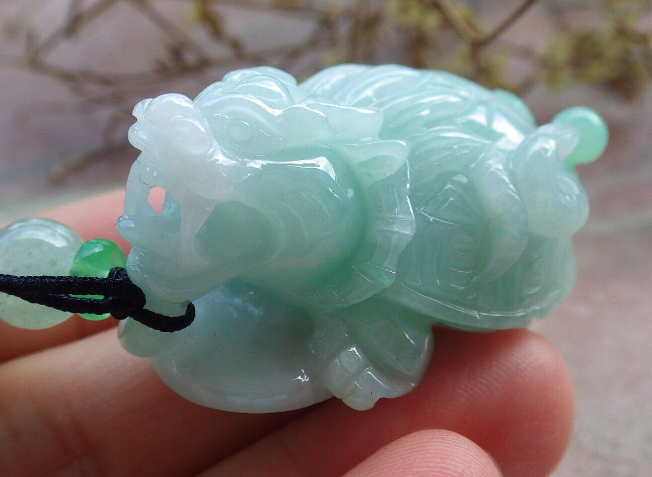 Certified Green Burma 100% Natural A Jade jadeite Pendant Dragon Turtle Snake Coin Necklace 龙龟 632936  TN