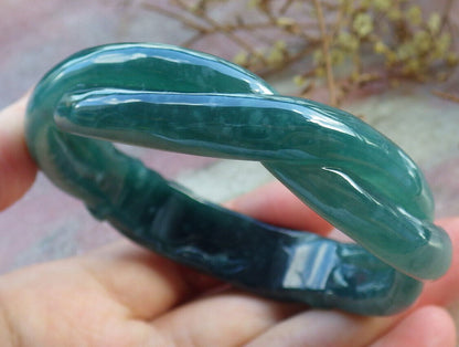 Certified Icy Blue Water Green Burma 100% Natural A JADE Jadeite Flower Knotted Bangle Bracelet 56.5 mm 手镯 632789  TN