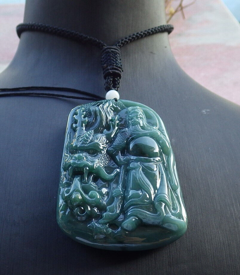 Certified Yellow Green Burma 100% Natural A Jade jadeite pendant Guan Gong God Dragon Sword Necklace 关公 635607  TN