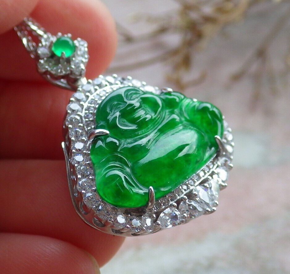 Icy Green Silver 925 Certified Burma 100% Natural A JADE Jadeite pendant Happy Buddha God Necklace 佛公 635238  TN