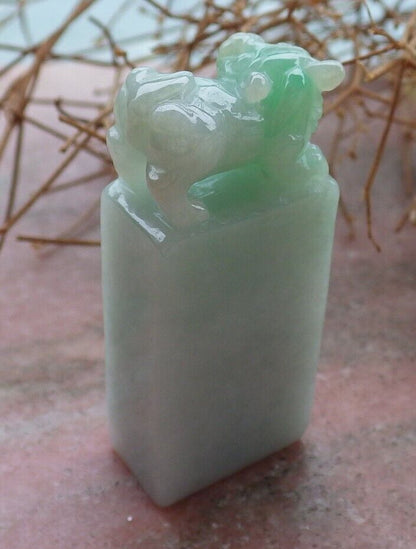 Certified Green 100% Natural A Jade jadeite Display Dragon Pi Xiu Chop Seal 印章 520008  TN