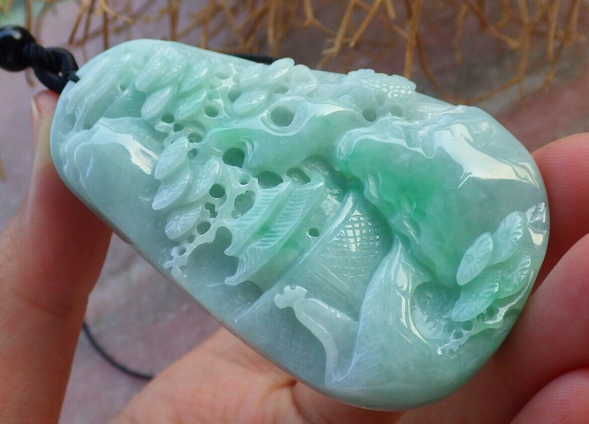Certified Green 100% Natural A Jade jadeite Landscape painting Tree Necklace Necklace 山水画 519550  TN