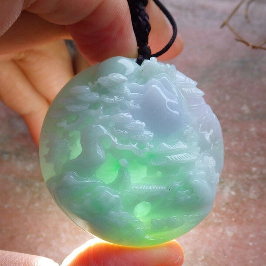 Certified Green Pale Lavender Burma 100% Natural A Jade jadeite Landscape painting Tree Necklace 山水画 528872  TN