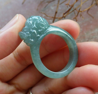 Certified Icy Green 100% Natural A JADE Jadeite Dragon Pi Xiu RING USA. 9.25 风水貔貅戒指 530040  TN