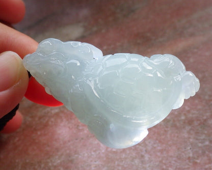 Certified Icy Green Burma 100% Natural A Jade jadeite Pendant Dragon Turtle Necklace 龙龟 574589 TN