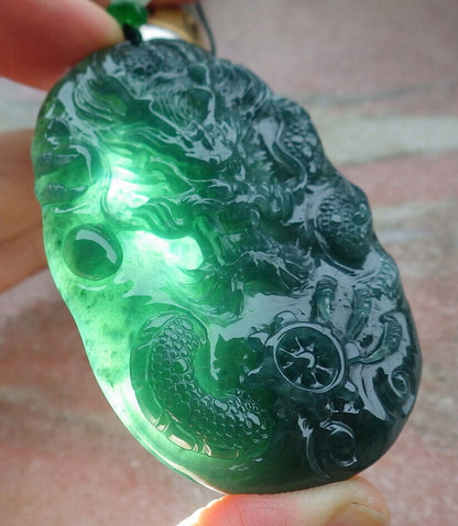 Certified Icy Green Burma 100% Natural A Jade jadeite Pendant Dragon Bead Necklace 生意兴隆 636299  TN
