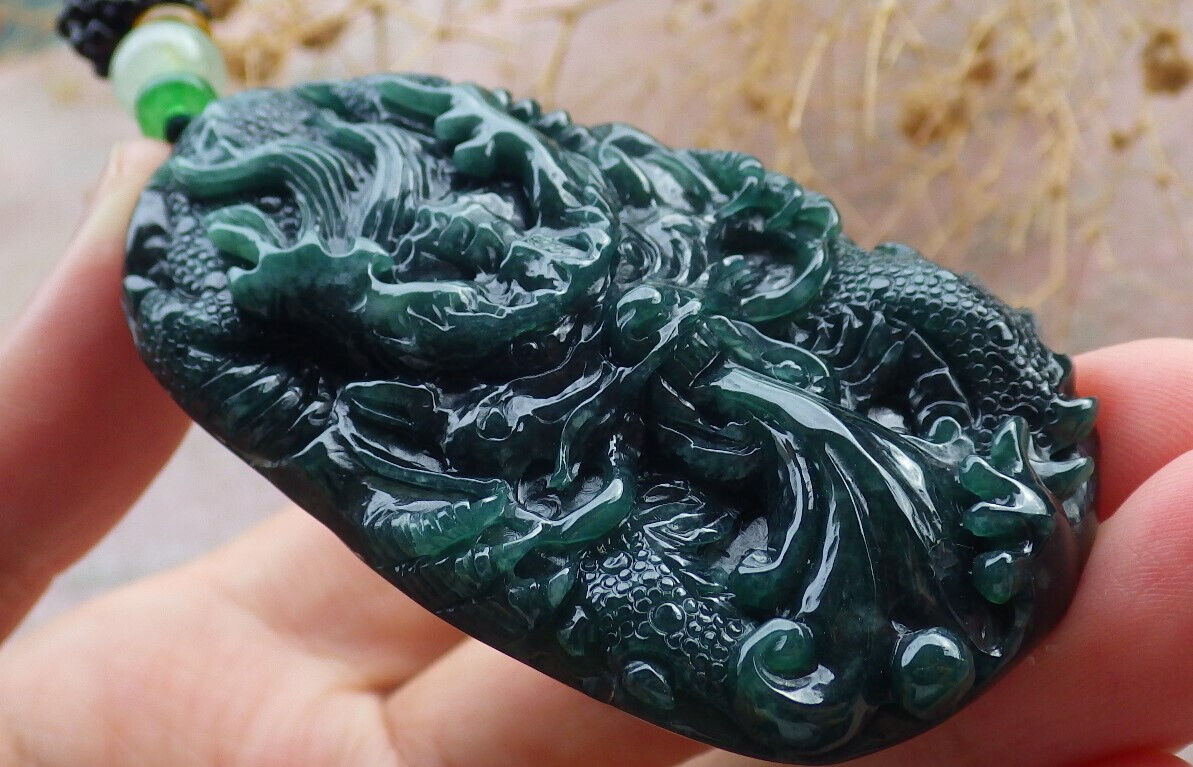 Certified Icy Green Burma 100% Natural A Jade jadeite Pendant Dragon Ruyi Necklace 生意兴隆 636188  TN