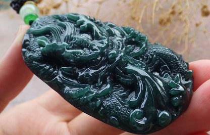 Certified Icy Green Burma 100% Natural A Jade jadeite Pendant Dragon Ruyi Necklace 生意兴隆 636188  TN