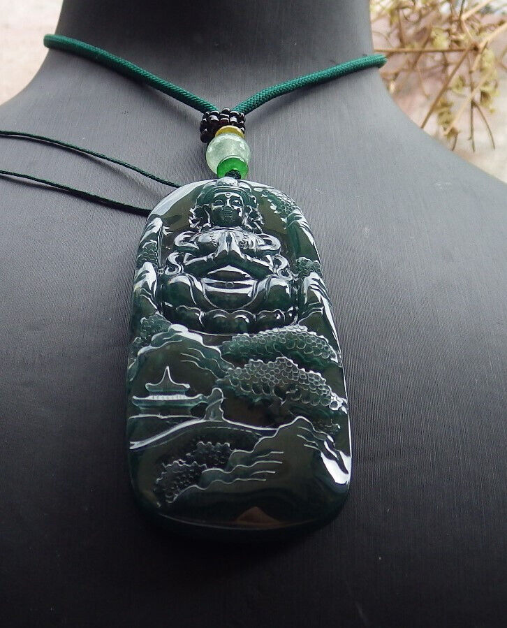 Atestita Glacia Blua Akvo Birmo 100% Natura A Jadejadeito Pengante Pejzaĝa pentraĵo Guanyin Kwan Yin Arba Koliero 山水画 634395 TN