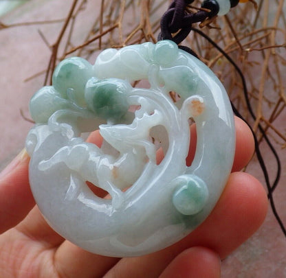Certified Green 100% Natural A Jade jadeite Pendant Deer Peach Lotus Flower Ruyi Necklace 梅花鹿 526039  TN
