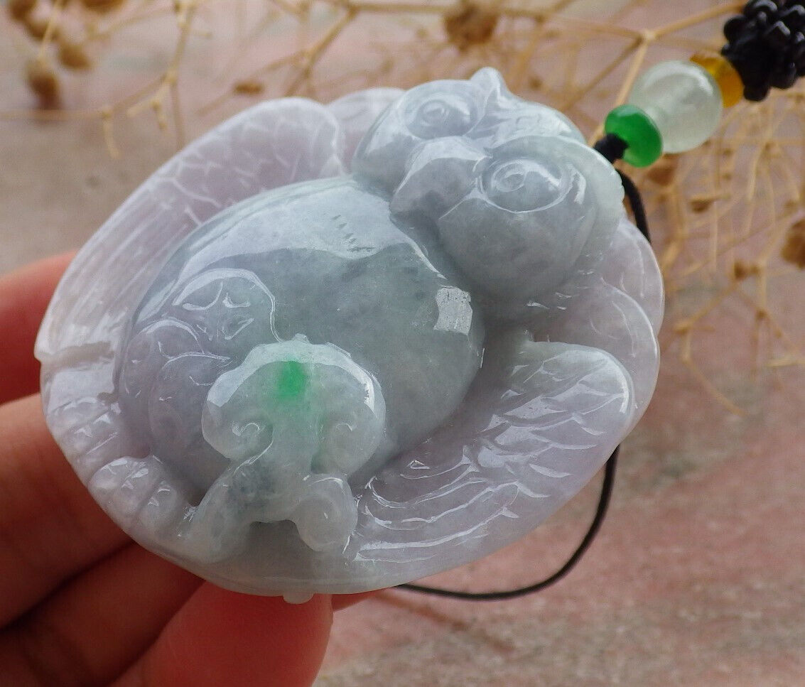 Certified Lavender Green Burma 100% Natural A Jade jadeite Pendant Owl Peach Necklace 猫头鹰 636180  TN