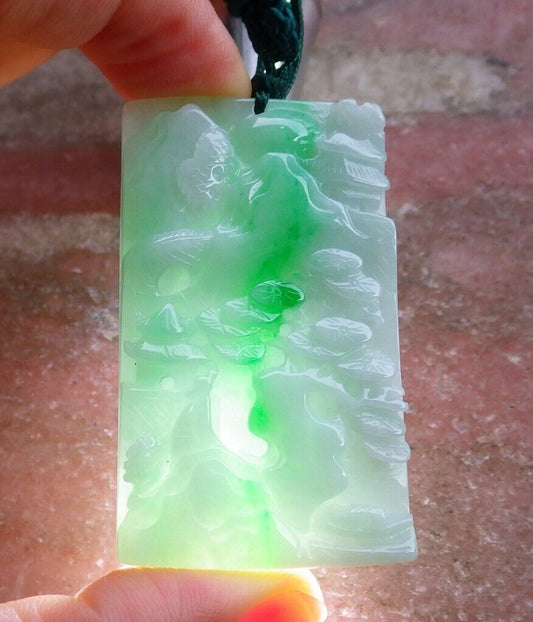 Certified Green Burma 100% Natural A Jade jadeite Landscape painting Tree Necklace Necklace 山水画 525505  TN