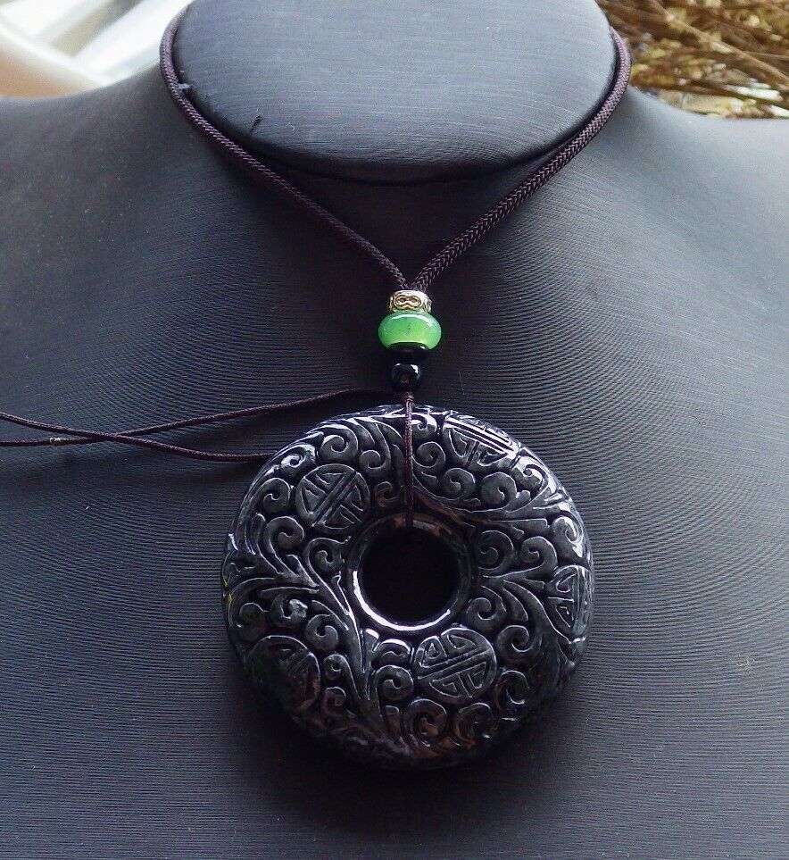 Certified Black 100% Natural A Jade jadeite pendant Longevity Lotus Flower Circle Necklace 花平安扣 523913  TN