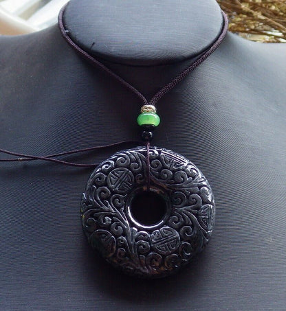Certified Black 100% Natural A Jade jadeite pendant Longevity Lotus Flower Circle Necklace 花平安扣 523913  TN