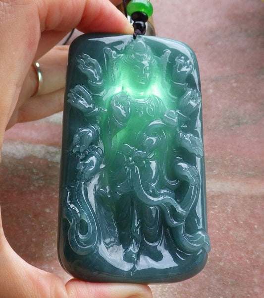 Certified Green Burma 100% Natural A Jade jadeite pendant 1000 Hand Guanyin Kwan Yin Necklace 观音 525088   TN