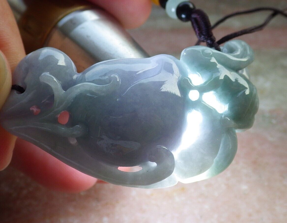 Certified Green Pale Lavender Burma 100% Natural A Jade jadeite Pendant Rabbit Coin Peach Necklace 兔子 575401 TN