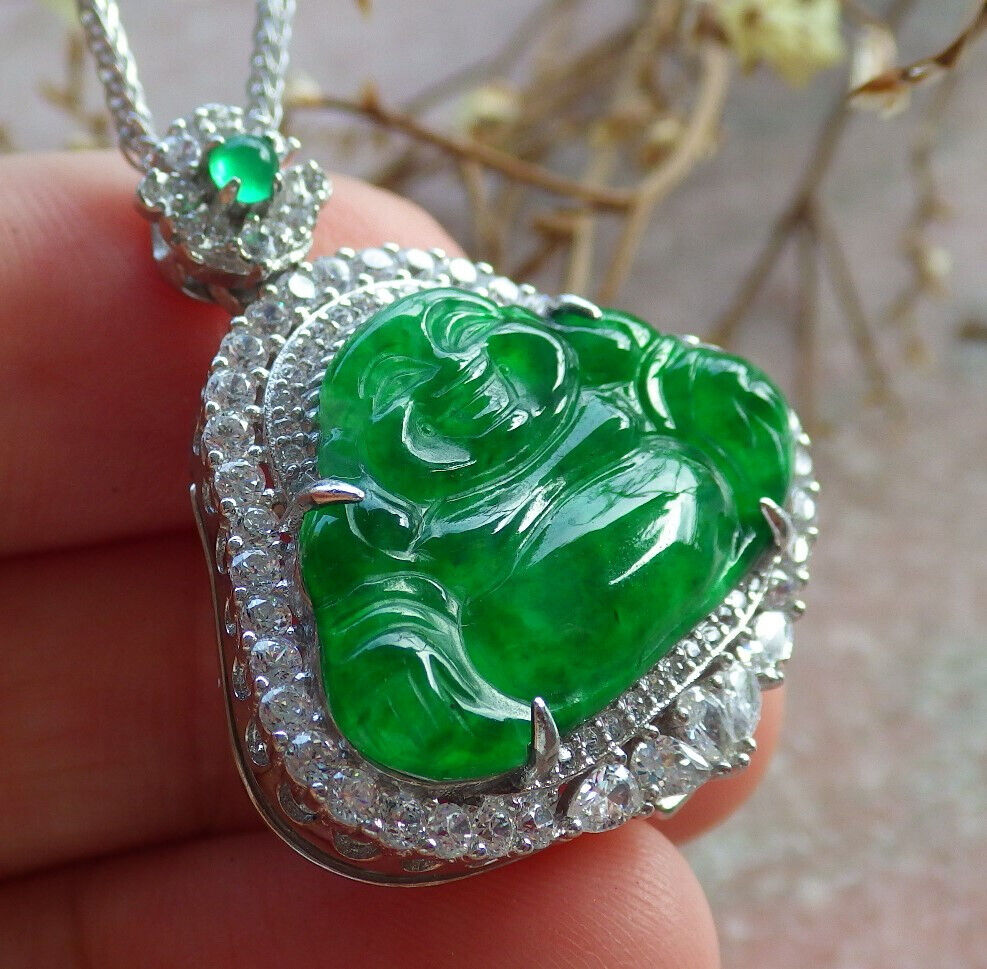 Icy Green Silver 925 Certified Burma 100% Natural A JADE Jadeite pendant Happy Buddha God Necklace 佛公 635186  TN