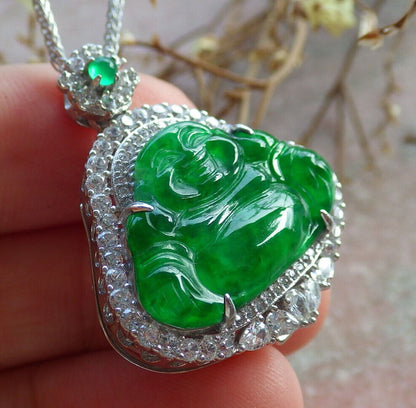Icy Green Silver 925 Certified Burma 100% Natural A JADE Jadeite pendant Happy Buddha God Necklace 佛公 635186  TN