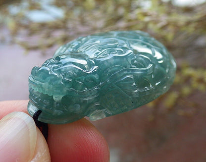 Certified Icy Green Burma 100% Natural A Jade jadeite Pendant Dragon Turtle Money Coin Necklace 龙龟 574784 TN