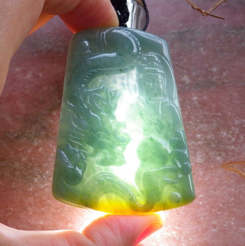 Certified Green Yellow 100% Natural A Jade jadeite Pendant Guanyin Kwan Yin Dragon Necklace 观音 528806  TN