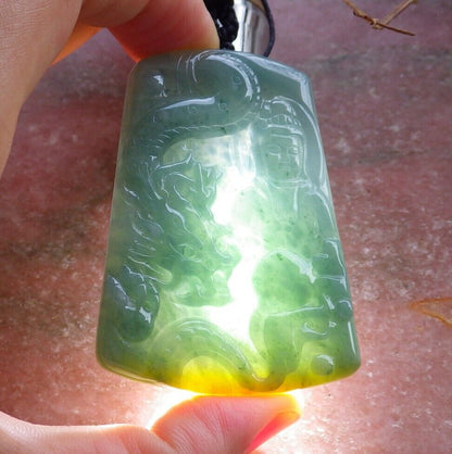 Certified Green Yellow 100% Natural A Jade jadeite Pendant Guanyin Kwan Yin Dragon Necklace 观音 528806  TN