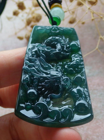 Certified Icy Green Burma 100% Natural A Jade jadeite Pendant Dragon Bead Necklace 生意兴隆 636507  TN