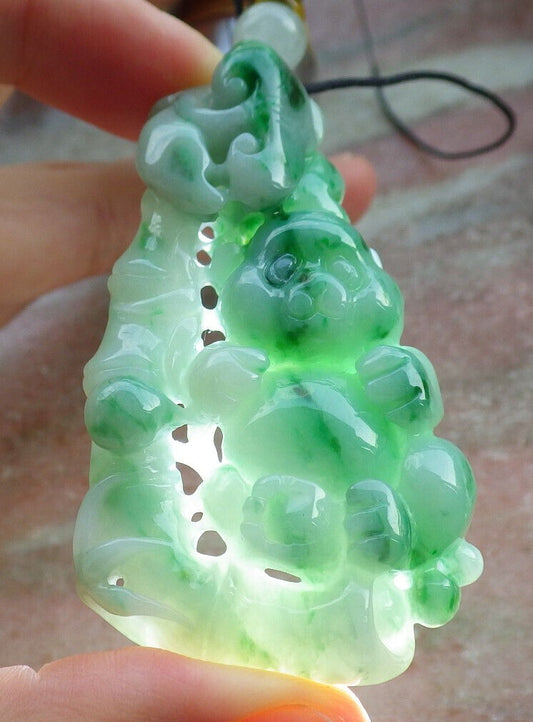 Certified Green Burma 100% Natural A Jade jadeite Pendant Panda Bamboo Ruyi Necklace 熊猫 633295  TN