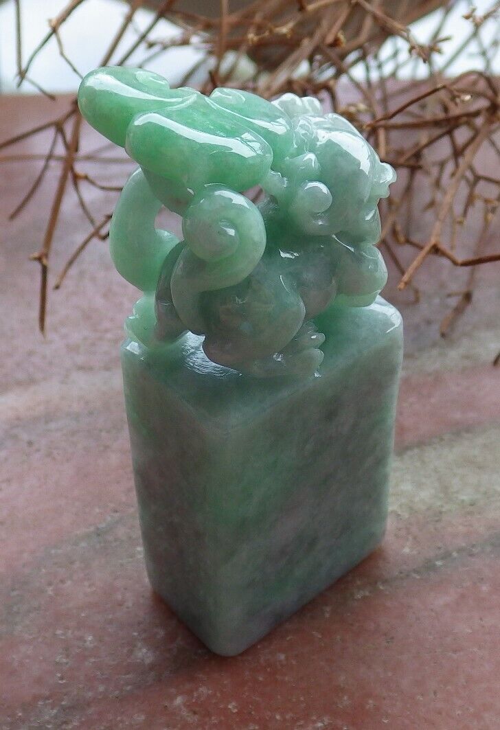 Certified Green 100% Natural A Jade jadeite Display Dragon Pi Xiu Lotus Flower Ruyi Chop Seal 印章 528326  TN