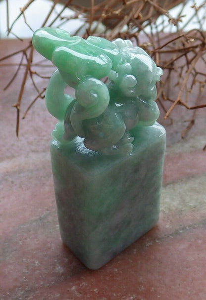 Certified Green 100% Natural A Jade jadeite Display Dragon Pi Xiu Lotus Flower Ruyi Chop Seal 印章 528326  TN