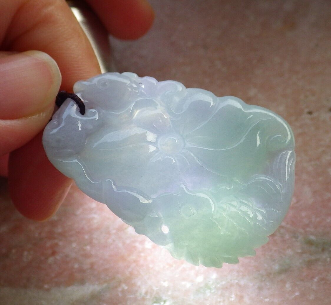 Certified Green Pale Lavender Burma 100% Natural A Jade jadeite Pendant Fish Lotus Leaf Necklace 年年有余 575361 TN
