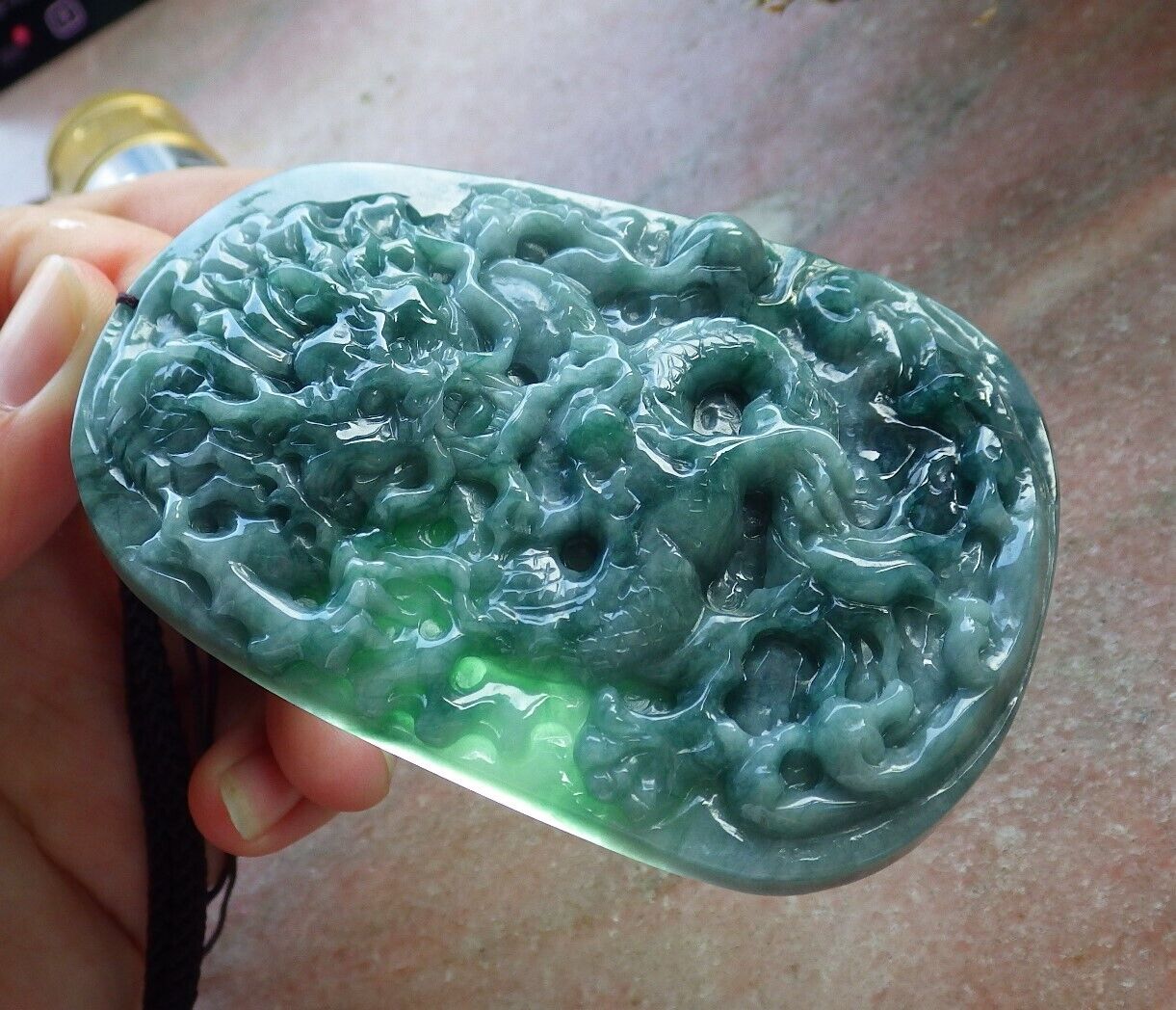 Certified Green Burma 100% Natural A Jade jadeite Pendant Dragon Bead Necklace 生意兴隆 574808 TN