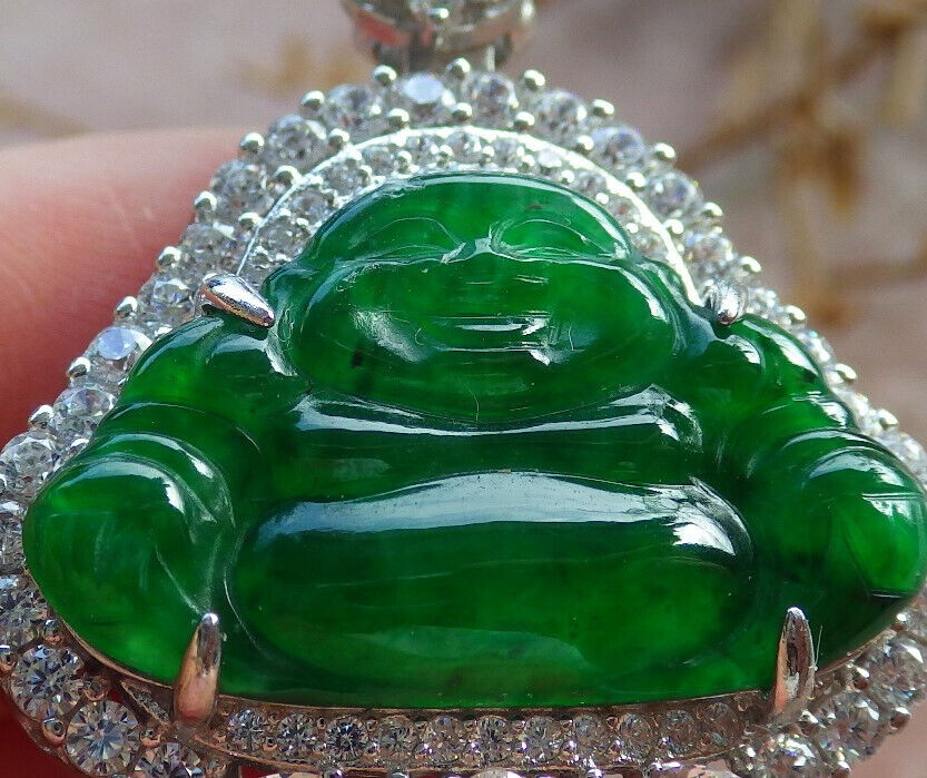 Icy Green Silver 925 Certified Burma 100% Natural A JADE Jadeite pendant Happy Buddha God Necklace 佛公 635173  TN