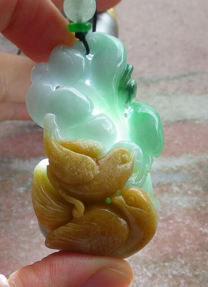 Certified Yellow Green Burma 100% Natural A Jade jadeite Pendant Phoenix Bird Ruyi Gourd Necklace 634419  TN