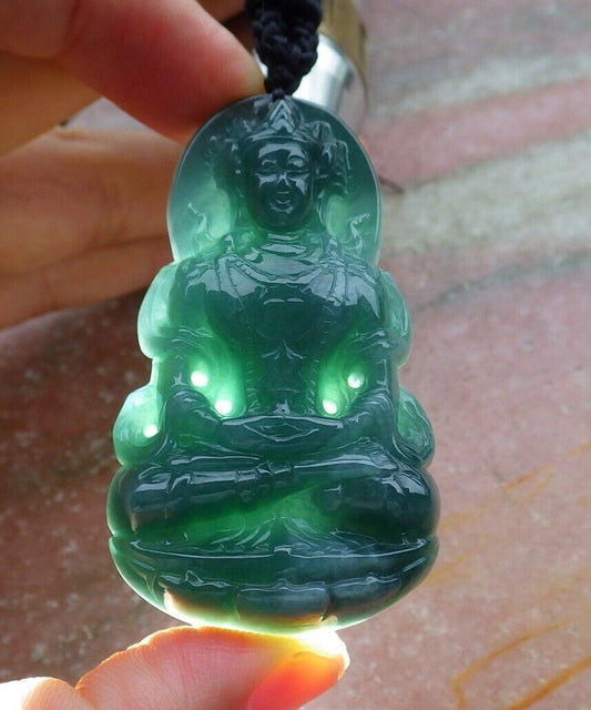 Certified Green 100% Natural A Jade jadeite Pendant Guanyin Kwan Yin Lotus Flower Necklace 观音 528251  TN