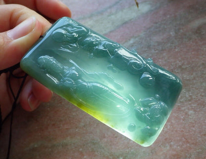 Certified Icy Green Yellow Burma 100% Natural A Jade jadeite Pendant  Guanyin Kwan Yin Lion Lotus Flower Necklace 观音 574824 TN
