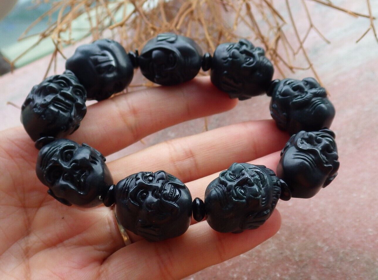 Certified Black Green 100% Natural A JADE Jadeite Bead Beads Bangle Beads Bangle Beads Bangle Da Mo Bracelet 墨翠手链 523536 TN ** It can adjust  8  inches  to 9 inches