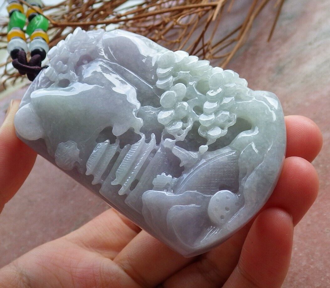 Certified Lavender Green Burma 100% Natural A Jade jadeite Landscape painting Tree Necklace 山水画 525690  TN