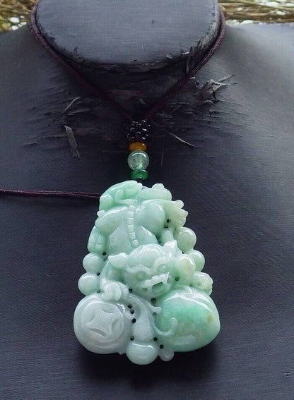 Certified Green 100% Natural A Jade jadeite Pendant Dragon Pi Xiu Frog Toad Peach Coin Necklace 风水貔貅 574019 TN