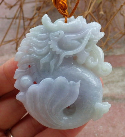 Certified Green Pale Lavender 100% Natural A Jade jadeite Pendant Dragon Fish Bead Money Coin Necklace 龙鱼 520364  TN