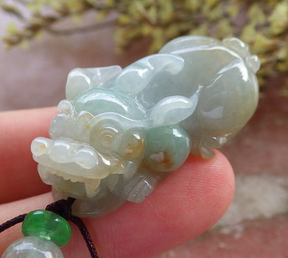 Pair Certified Green Red Burma 100% Natural A Jade jadeite Pendant Dragon Pi Xiu Money Coin Necklace 风水貔貅 573983 TN