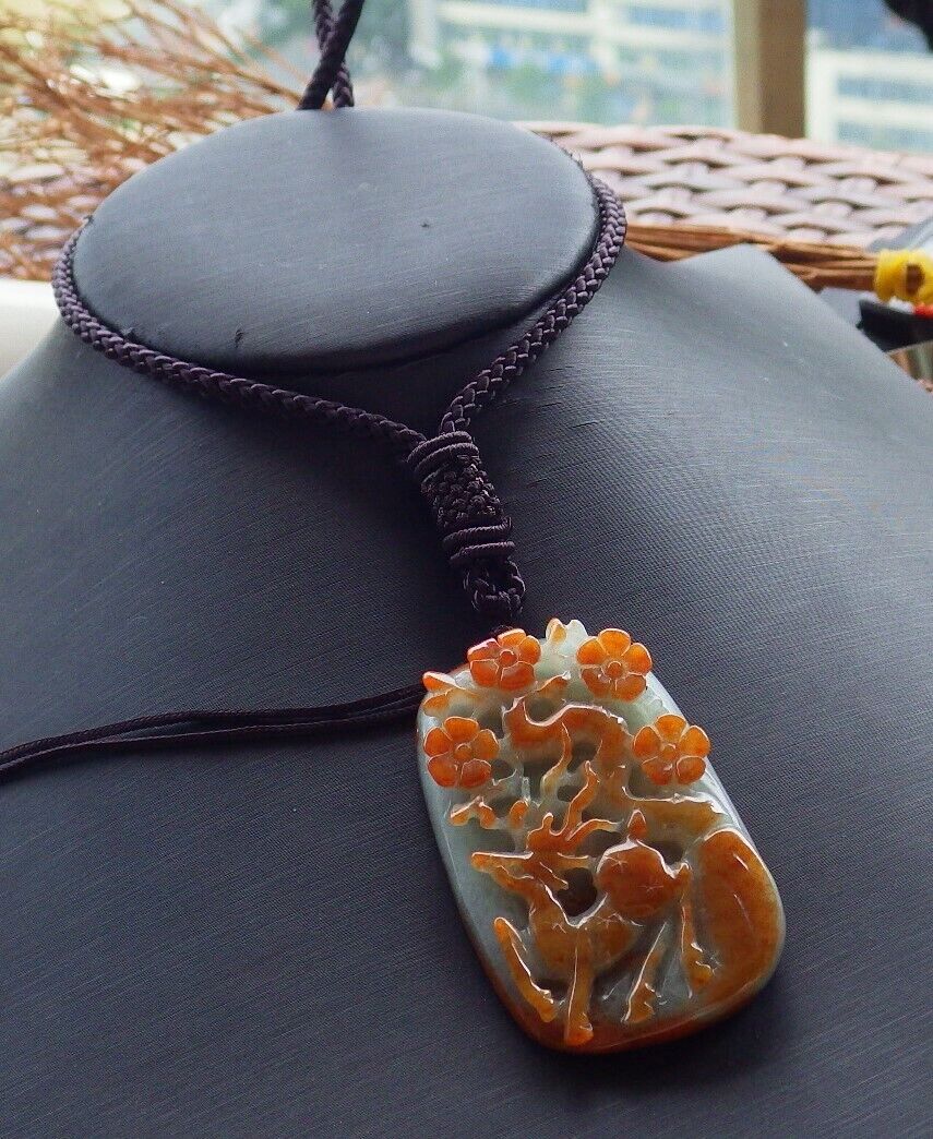 Certified Red Green 100% Natural A Jade jadeite Pendant Deer Flower Necklace 梅花鹿 529538   TN