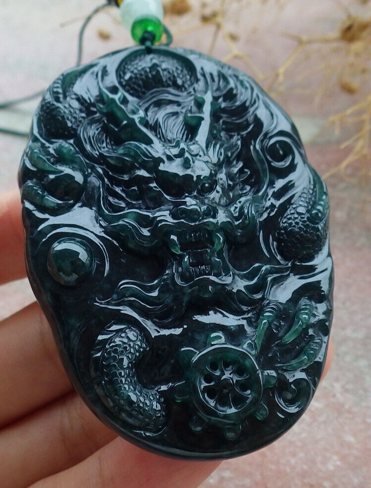 Certified Icy Blue Water Green Burma 100% Natural A Jade jadeite Pendant Dragon Bead Necklace 生意兴隆 636318  TN