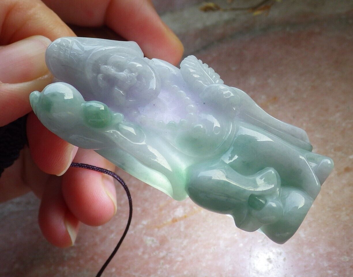 Certified Green Pale Lavender Burma 100% Natural A Jade jadeite pendant Happy Ji Kung Buddha God Fan Gourd Necklace 济公 575331 TN