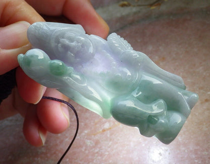 Certified Green Pale Lavender Burma 100% Natural A Jade jadeite pendant Happy Ji Kung Buddha God Fan Gourd Necklace 济公 575331 TN