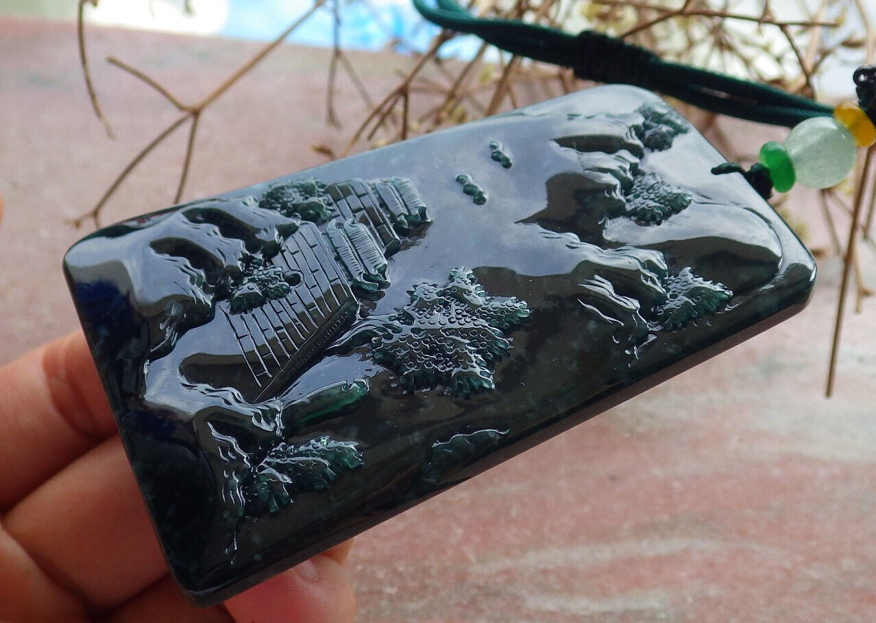 Atestita Glacia Blua Akvo Birmo 100% Natura A Jadejadeito Pendilo Pejzaĝa Pentrado Arba Koliero 山水画 634453 TN