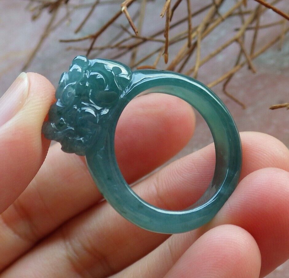Certified Icy Green 100% Natural A JADE Jadeite Dragon Pi Xiu RING USA. 9.25 风水貔貅戒指 530032  TN