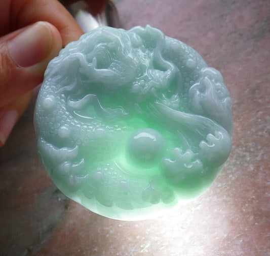 Certified Green 100% Natural A Jade jadeite pendant Dragon Lotus Flower Ruyi Bead Necklace 生意兴隆 523934  TN