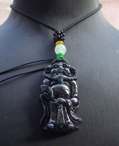 Certified Black Burma 100% Natural A Jade jadeite pendant Zhong Kui God Sword Fan Necklace 钟馗 632886  TN